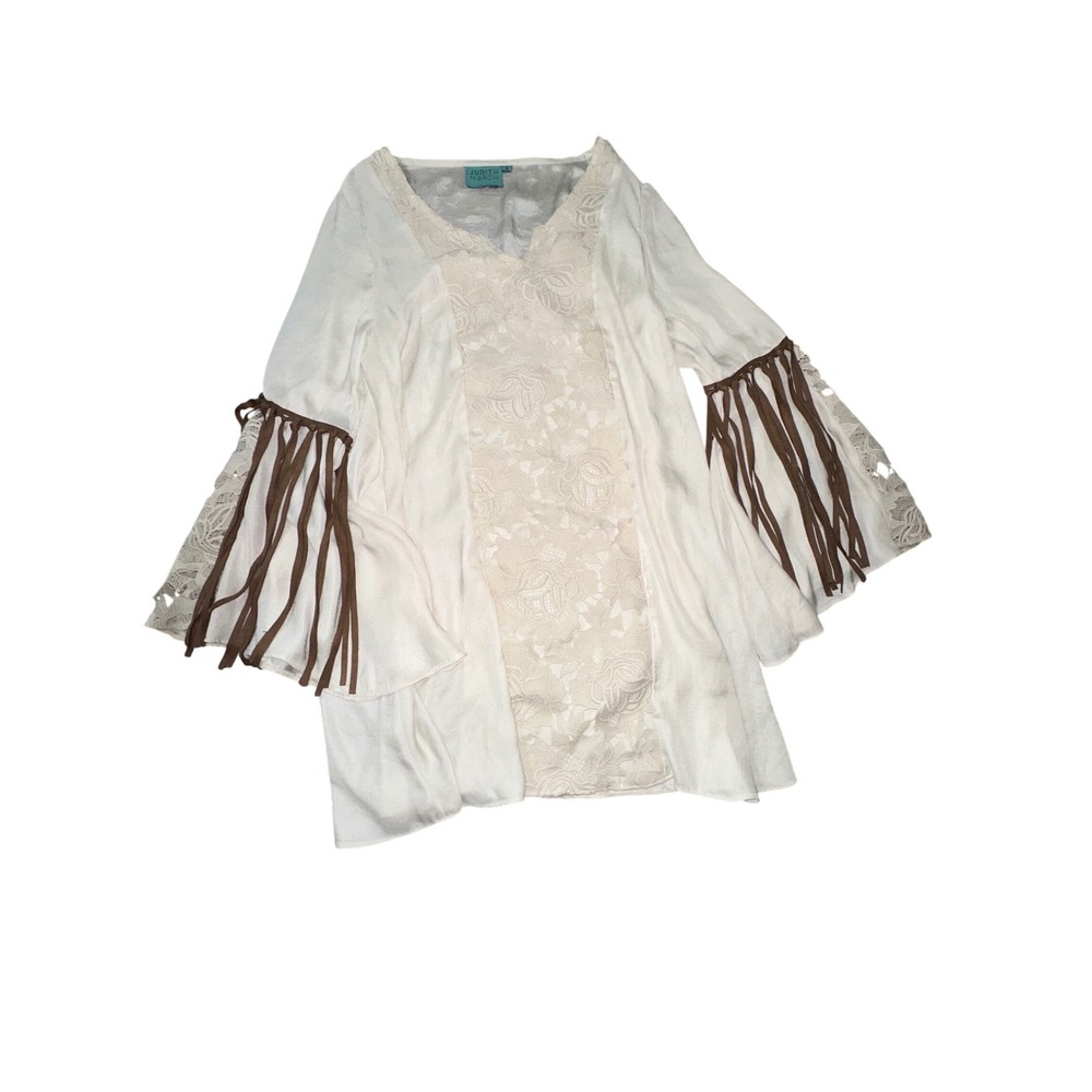 Judith March Ivory Lace Fringe Bell Sleeve Boho Tunic Dress Womens Large
